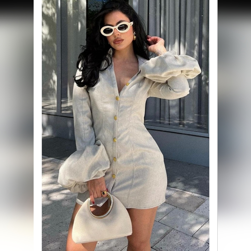 PLT Label, Women's Size 6, Off White Button-Up Dress with Flared Sleeves, NWT